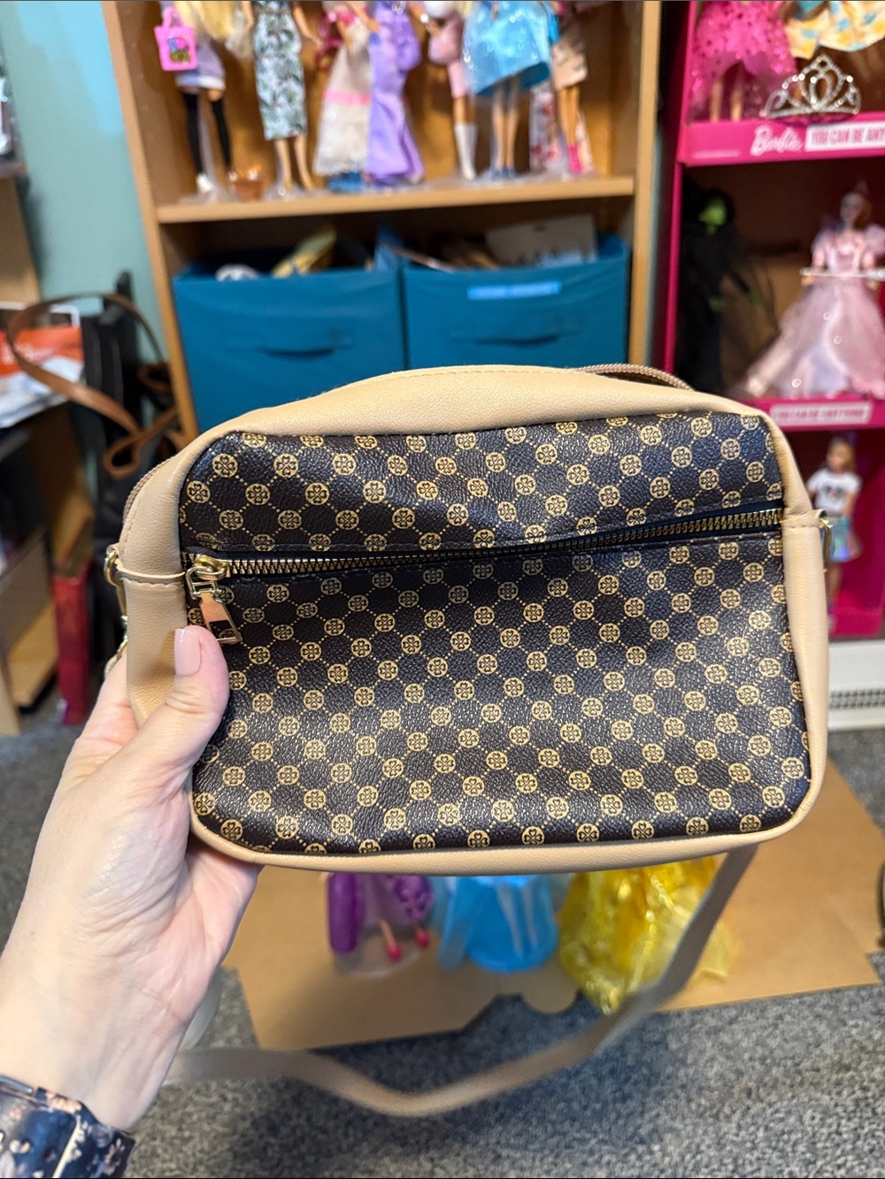 SHEIN Brown Patterned Crossbody Bag with Tan Trim